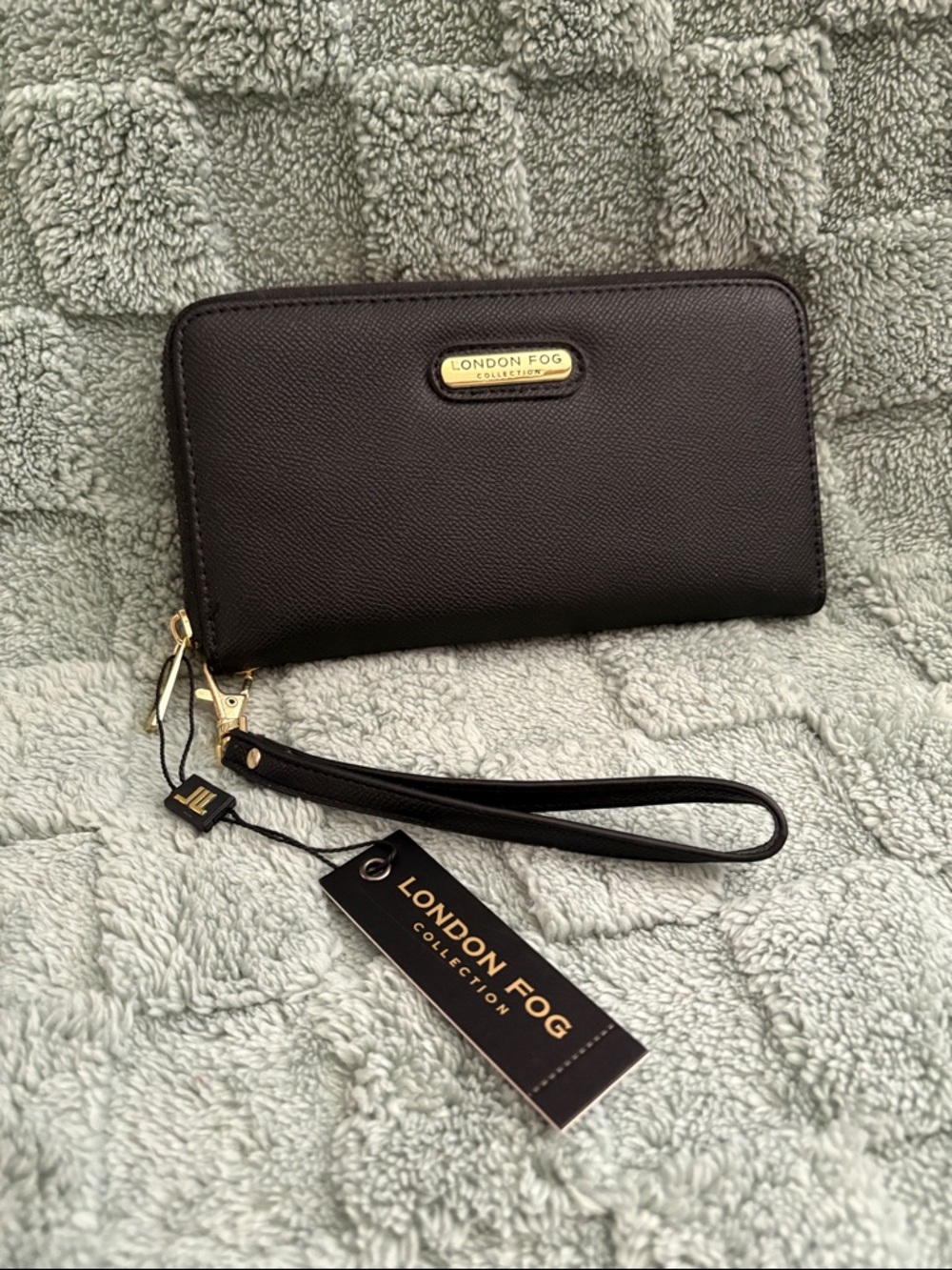 London Fog Black Textured Zip Wristlet Wallet with Gold Accents